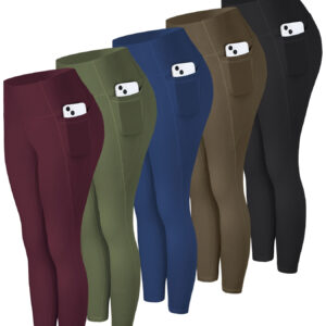 5pcs Women's High-Waisted Leggings with Side Pockets - Non-See-Through & Casual Pants, Stretchy Cropped Bottoms (Nine-Tenths Length), All-Season, Casual Attire - Multi-Color Pack (Maroon/Blue/Black/Olive/), Leggings, Solid Color Design, Medium Elasticity
