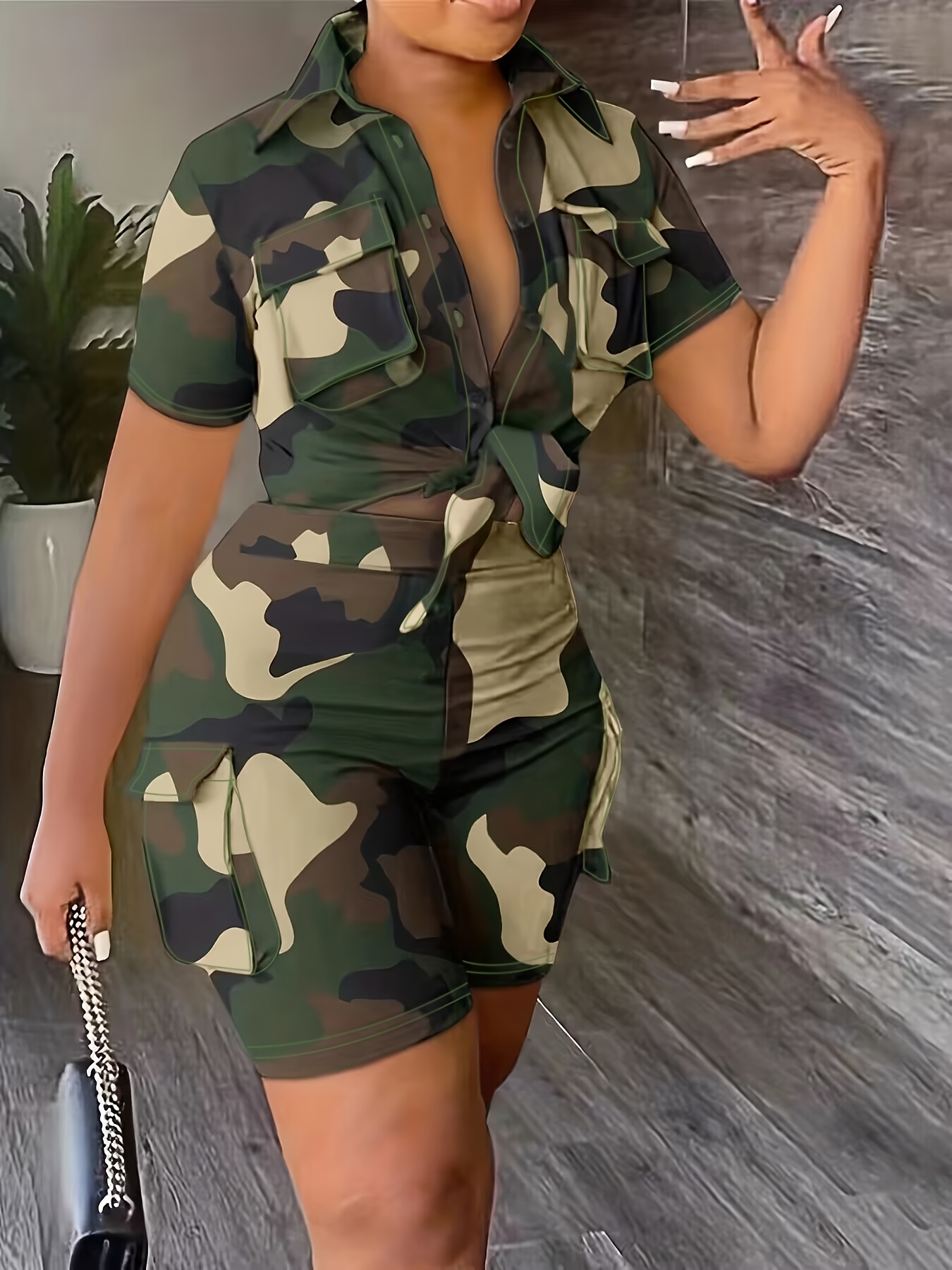 1150 European and American Women'S Summer New Hot Selling Urban Shirt Short Sleeve Shorts with Large Pocket Camouflage Print Two-Piece Set