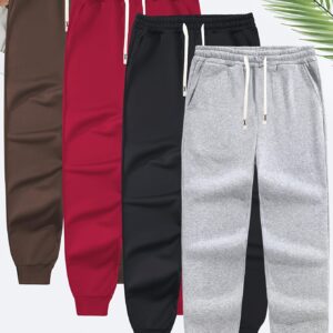Men's 4-pack Set Of Solid Sweatpants With Drawstring And Pockets, Regular Fit And Cuffed Sports Trousers For Spring And Autumn Running And Daily Outerwear