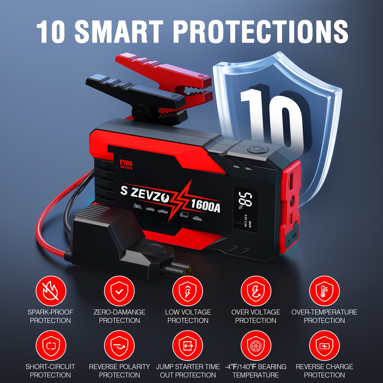 Car Battery Jump Starter With Led Flashlight For Car Truck Motorcyble Emergency Use, 12V Portable Jump Box With Jumper Cable(7.2 Gas 1.32gal Diesel), Compact Design, USB Fast Charging, Idea Gift - Image 7