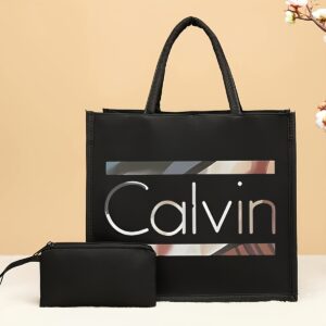 Stylish 2pcs Set of Elegant Letter Print Linen Tote Bags - Spacious and Durable, Includes Matching Cosmetic Bag, Perfect for Work, Travel, or Everyday Use, Ideal Gift