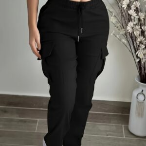 Women's Black Cargo Pants with Elastic Drawstring Waist & Multiple Pockets - Regular Fit Long Length Casual Workwear-Style Trousers for All-Season Casual Attire