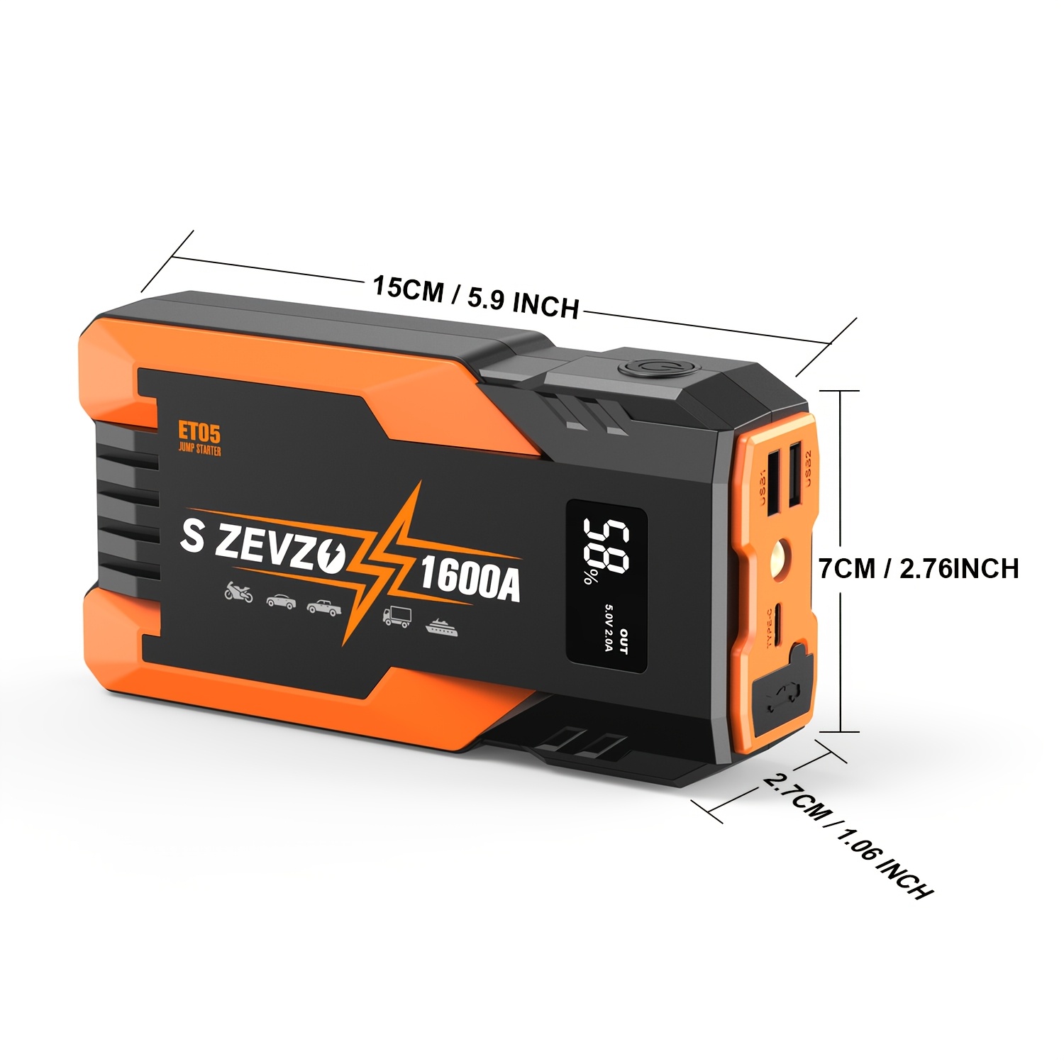 Car Battery Jump Starter With Led Flashlight For Car Truck Motorcyble Emergency Use, 12V Portable Jump Box With Jumper Cable(7.2 Gas 1.32gal Diesel), Compact Design, USB Fast Charging, Idea Gift - Image 2