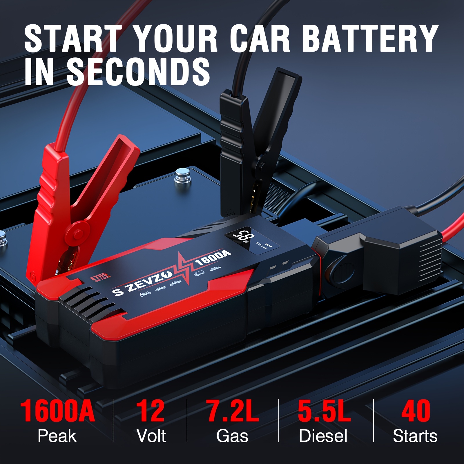 Car Battery Jump Starter With Led Flashlight For Car Truck Motorcyble Emergency Use, 12V Portable Jump Box With Jumper Cable(7.2 Gas 1.32gal Diesel), Compact Design, USB Fast Charging, Idea Gift - Image 3