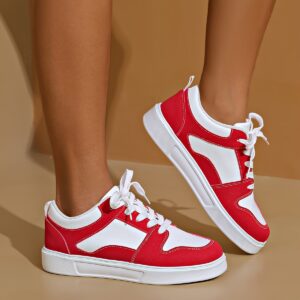 Women's Red & White Low-Top Lace-Up Sneakers - Thick Rubber Sole, Casual Round Toe Shoes, Comfortable All-Season Walking Footwear
