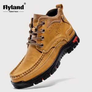 FLYLAND Genuine Leather Ankle Boots for Men & Women - Handcrafted, Breathable & Durable Casual Shoes with Non-Slip Rubber Sole, Lace-Up Closure, Brown Leather Upper & Black Sole - Perfect for Office, Vacation, or Casual Attire