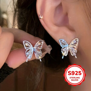 Hot Selling 925 Silvery Cutout Shiny Synthetic Zirconia Butterfly Earrings for Women'S Gatherings